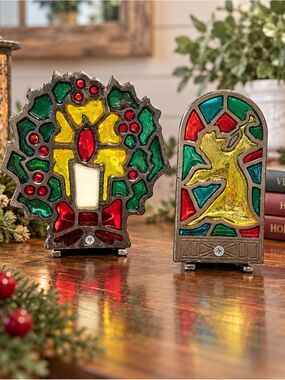 Vintage Stained Glass Christmas Tea Light Holders Angel Wreath Candle Set